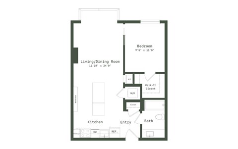 Floor plan for 1 bed, 1 bath, 713 sqft